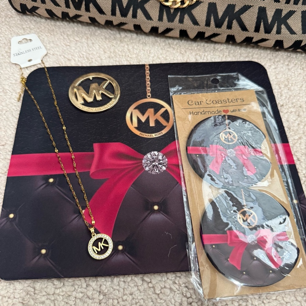 Michael Kors Logo Satchel Bundle with inspired necklace, mousepad, car coasters - Picture 2 of 16